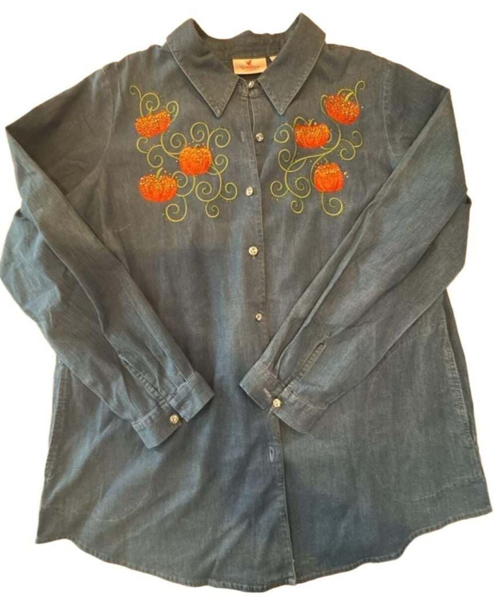 Quacker Factory Embroidered Denim Shirt with Pumpkins